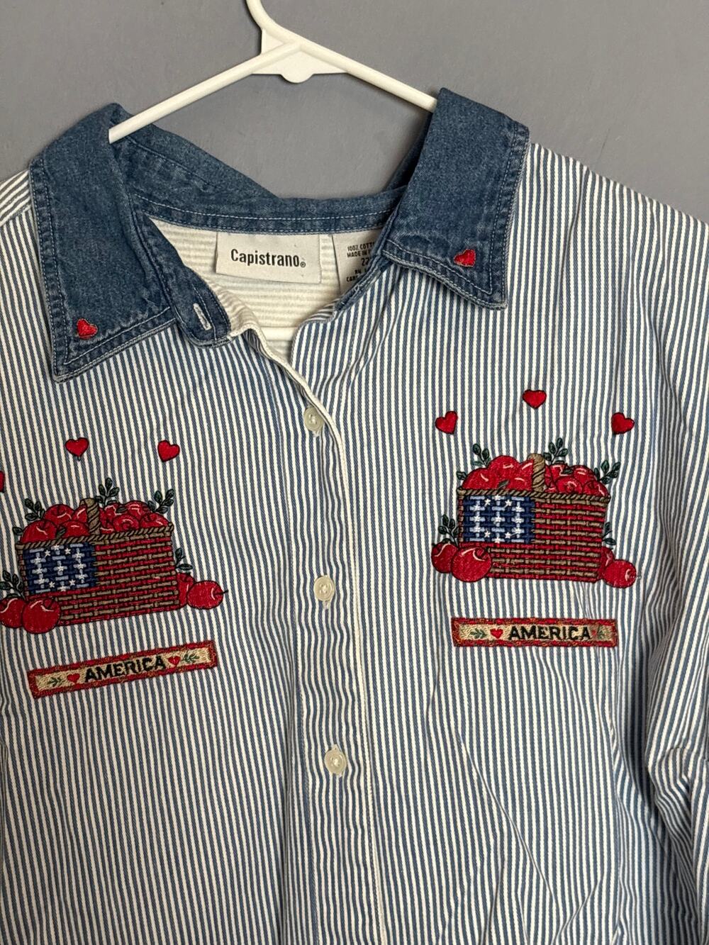Capistrano Womens Patriotic Embroidered Stripe Button Shirt Size 22